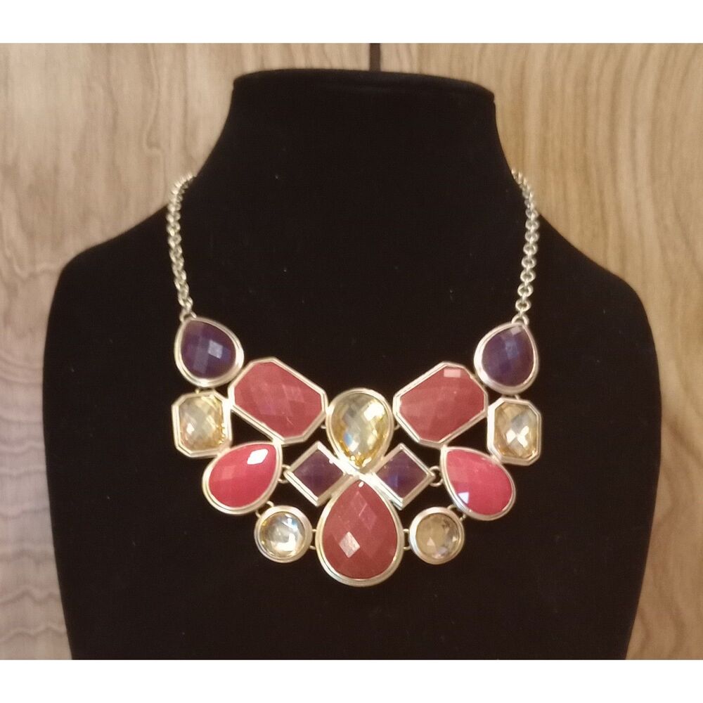 Red Brown Gold Tone Faceted Rhinestone 18-21" Chain Statement Necklace